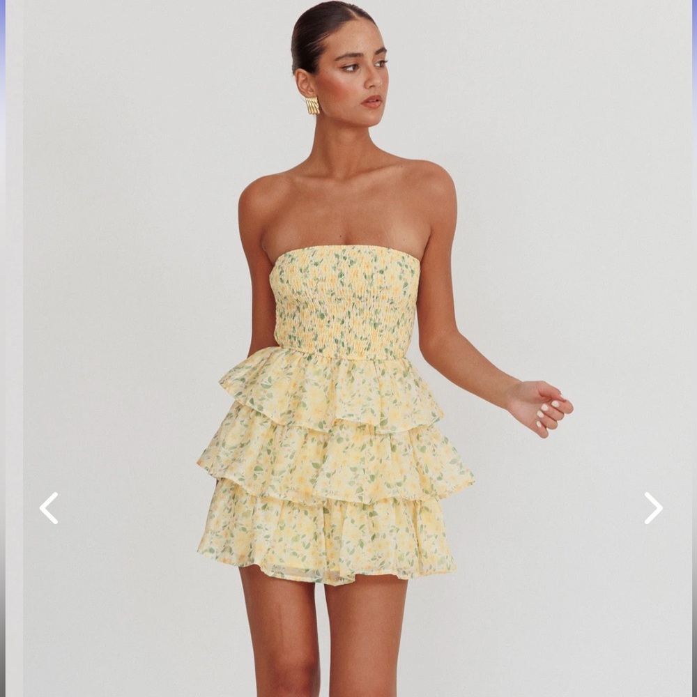 Like Angels Shirred Bodice Ruffle Mini Dress Yellow